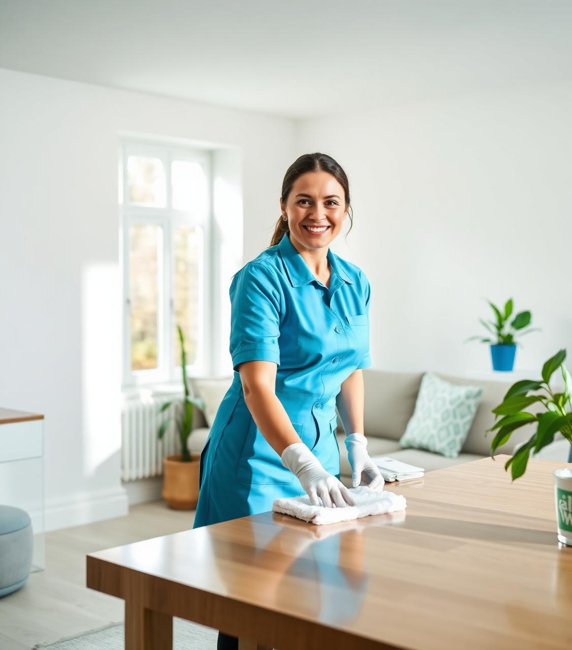 A Spark & Shine cleaner polishing a table in a bright modern living room