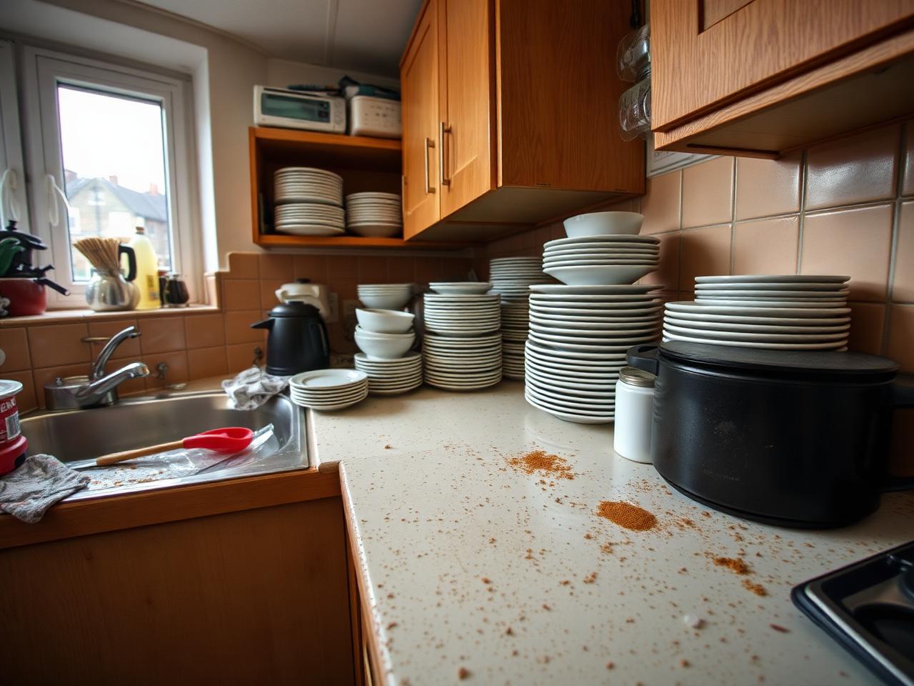 Cluttered kitchen worktop with dishes and crumbs before cleaning