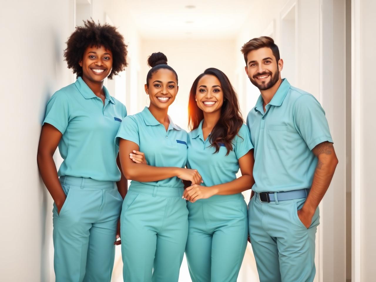 Four Spark & Shine cleaners in aqua uniforms smiling in a bright hallway