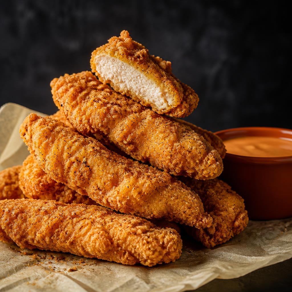 Crispy chicken tenders with a pot of dipping sauce
