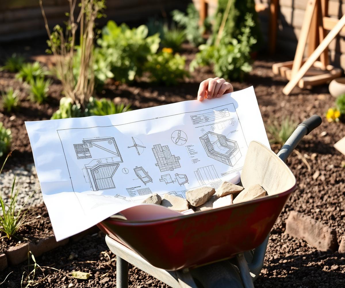 A garden design drawing held over a wheelbarrow of stone in a garden under construction