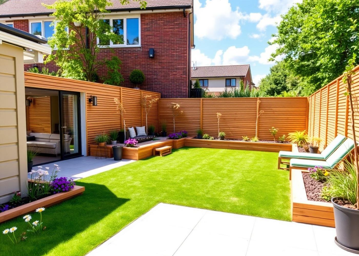 The same garden after landscaping with new patio, lawn, raised beds and modern fencing