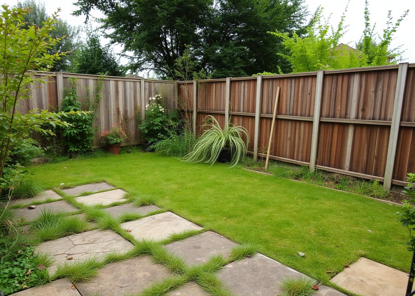 Tired garden before landscaping with worn lawn, cracked slabs and old fencing