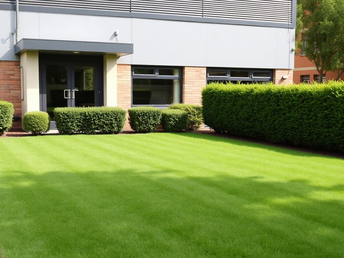 Neatly mown lawn and clipped hedges outside a small modern office building