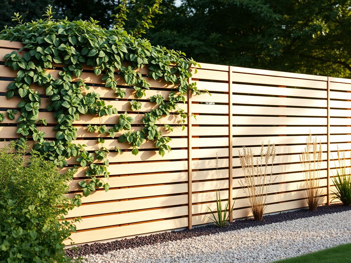 Modern horizontal slatted timber fence with climbing greenery and a gravel border