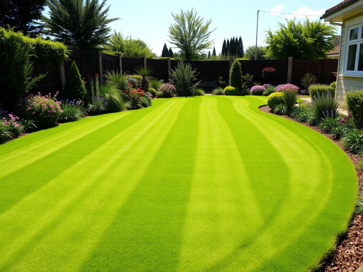 Freshly striped curved lawn with mulched planting borders in a suburban garden