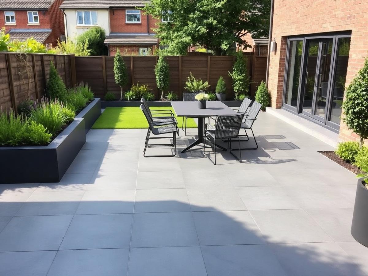 Large grey porcelain patio with outdoor dining furniture and planted borders