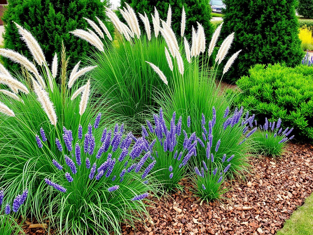 Planted border with ornamental grasses, lavender and evergreen shrubs over bark mulch