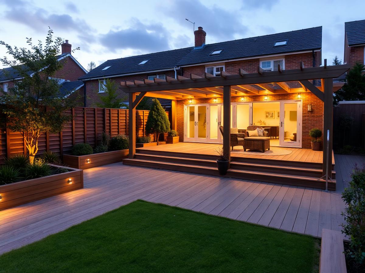 Composite decking with a timber pergola, lighting and lawn in a rear garden at dusk