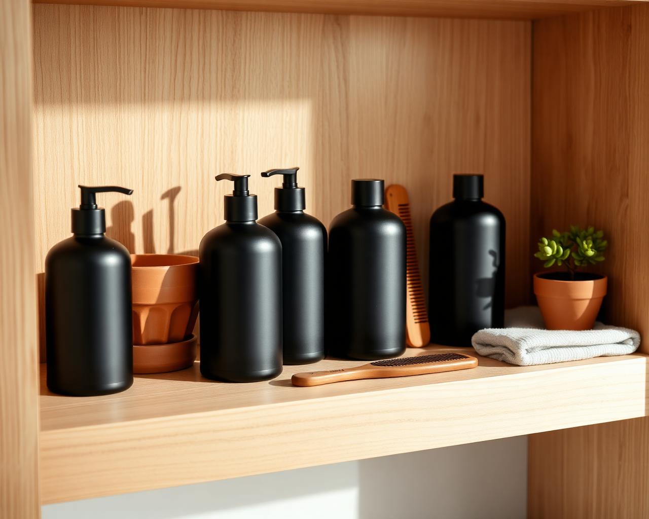 Grooming products on a light oak shelf