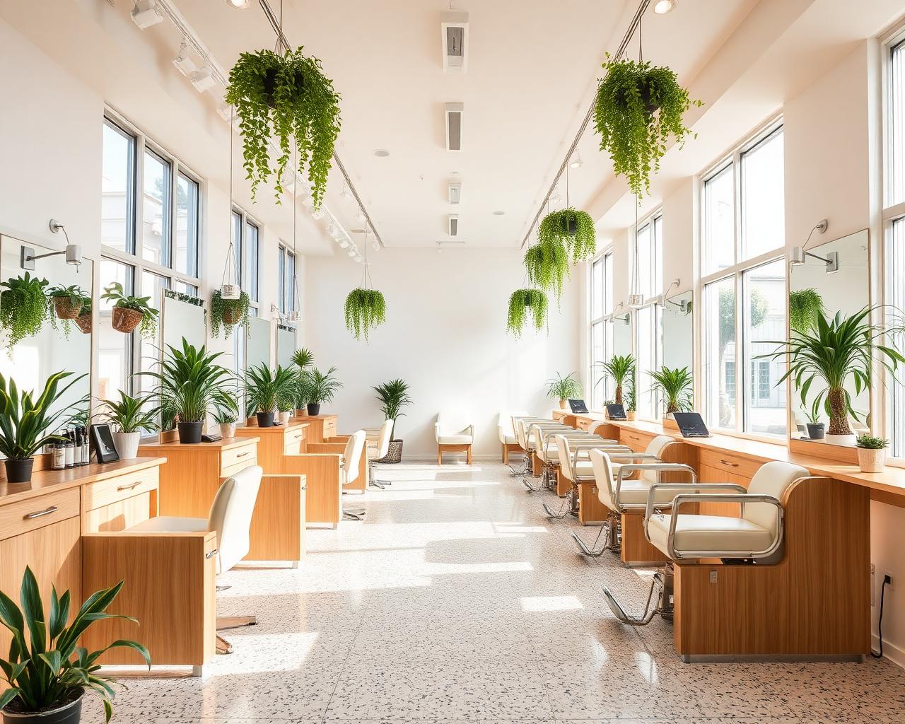 Wide view of the bright barbershop with light oak and plants